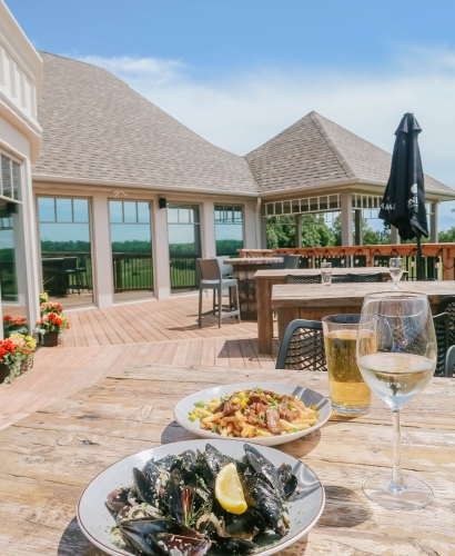Close-up of seasonal farm-to-table dishes served at Lone Oak restaurant near Charlottetown, Prince Edward Island.