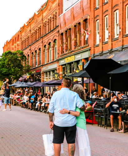 Victoria Row pedestrian street in downtown Charlottetown, Prince Edward Island, with outdoor patios, shops, and walkable car-free space