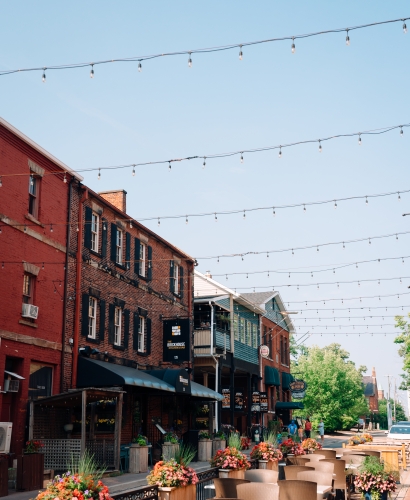 Outdoor patio dining along Sydney Street in downtown Charlottetown, Prince Edward Island.